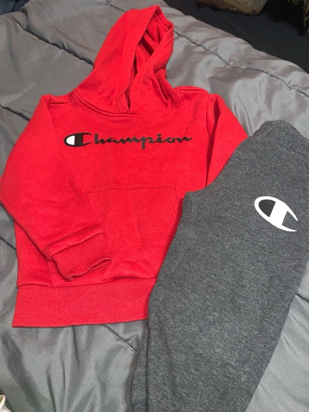 Champion Red Hoodie and Gray Sweatpants Set